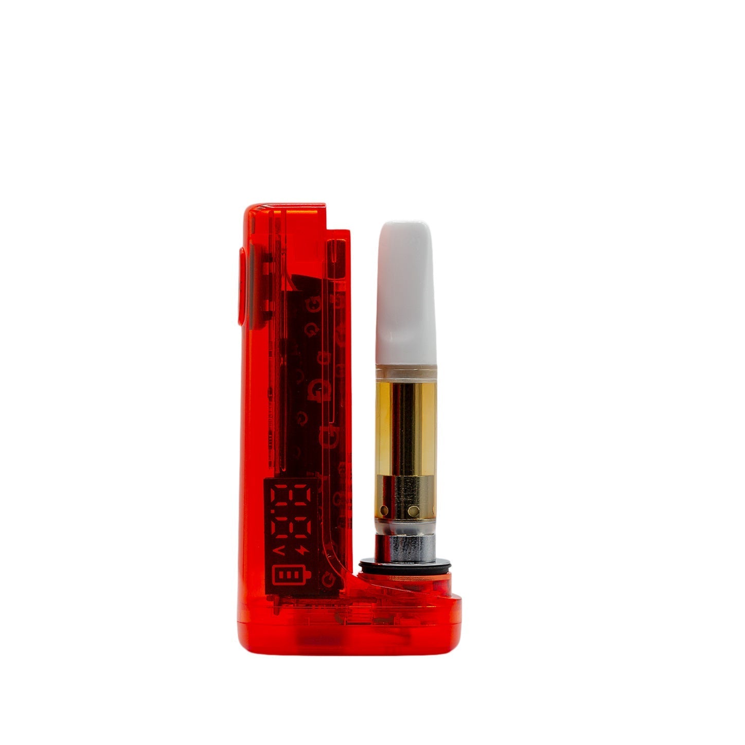 G Pen Hydout Red Translucent 510 battery with a cartridge installed and the magnetic cover set aside.