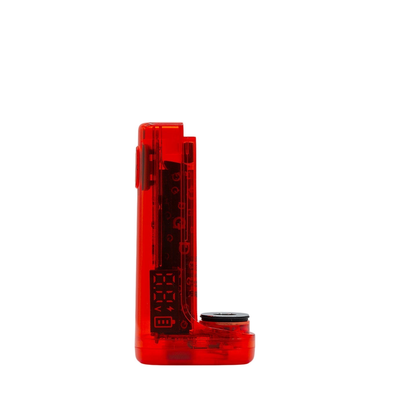Side view of the G Pen Hydout Red Translucent internal chassis, showcasing the battery cell and magnetic docking points for the cartridge cover.