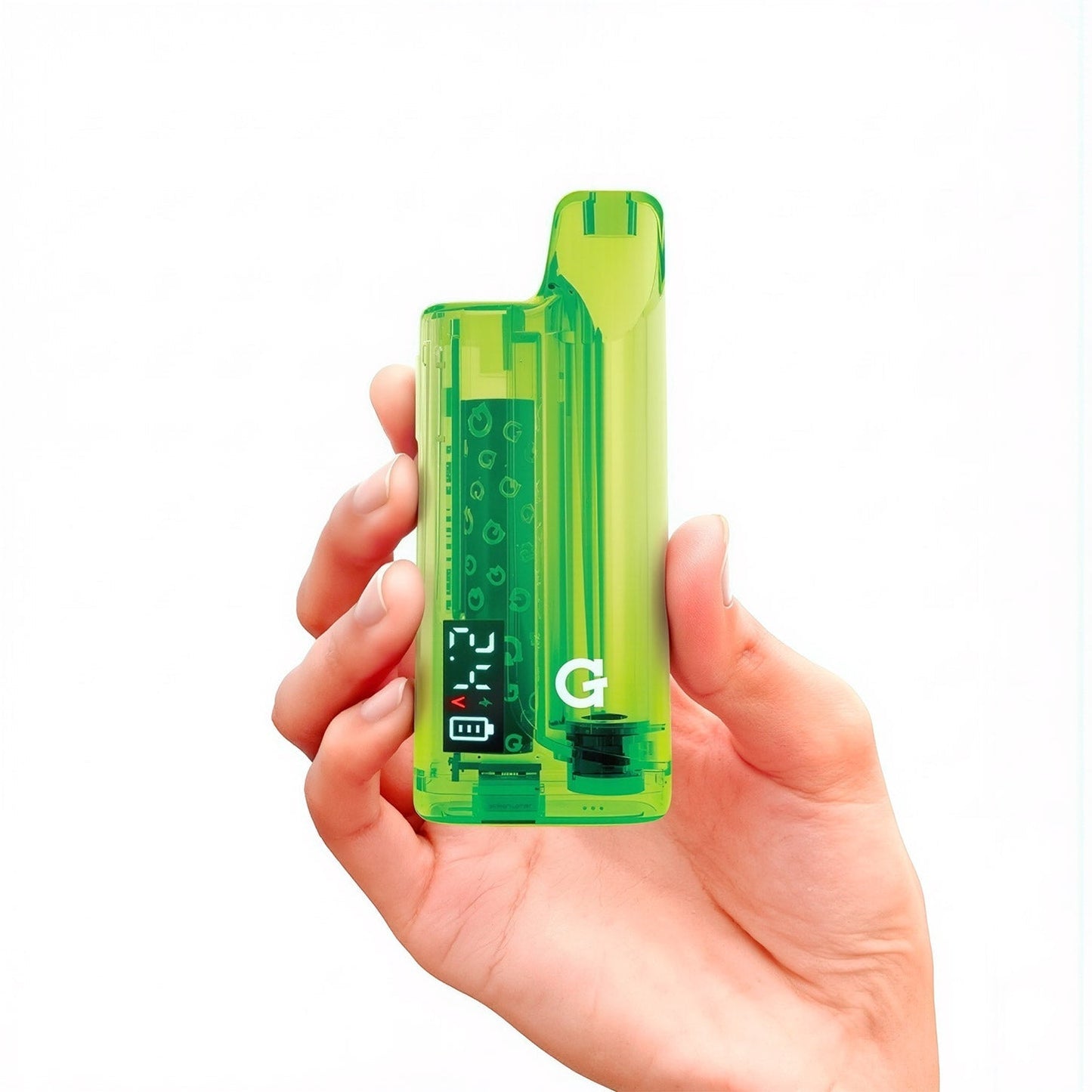 Handheld scale shot of the G Pen Hydout Green Translucent 510 battery demonstrating its compact, palm-sized portability.
