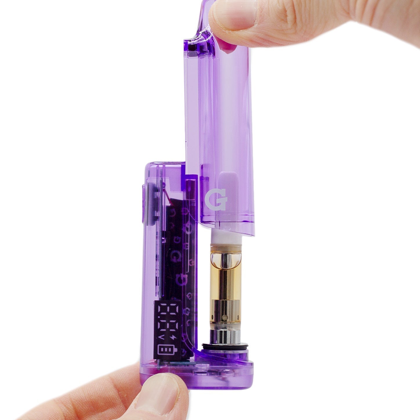Action shot demonstrating the magnetic two-piece enclosure of the G Pen Hydout Purple Translucent being removed.