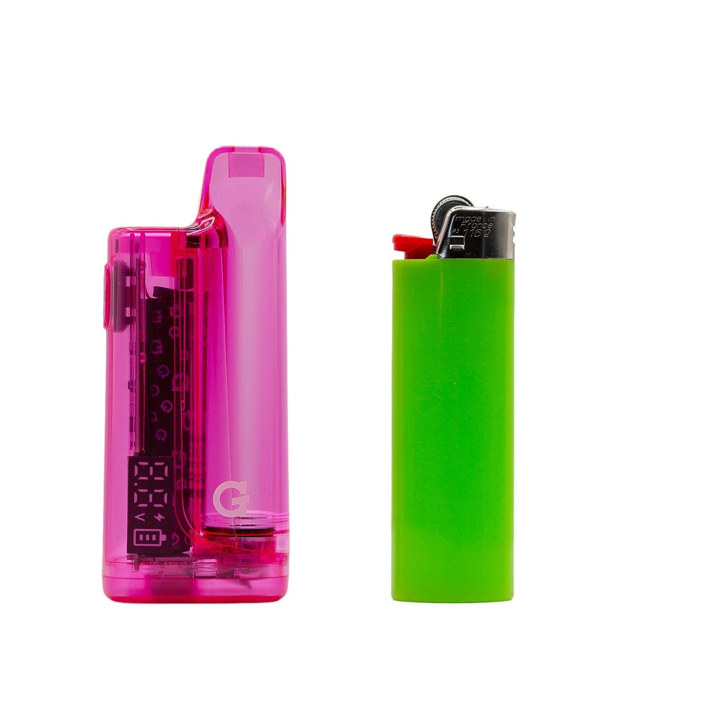 Size comparison of the G Pen Hydout Pink Translucent 510 battery standing next to a standard neon green lighter.