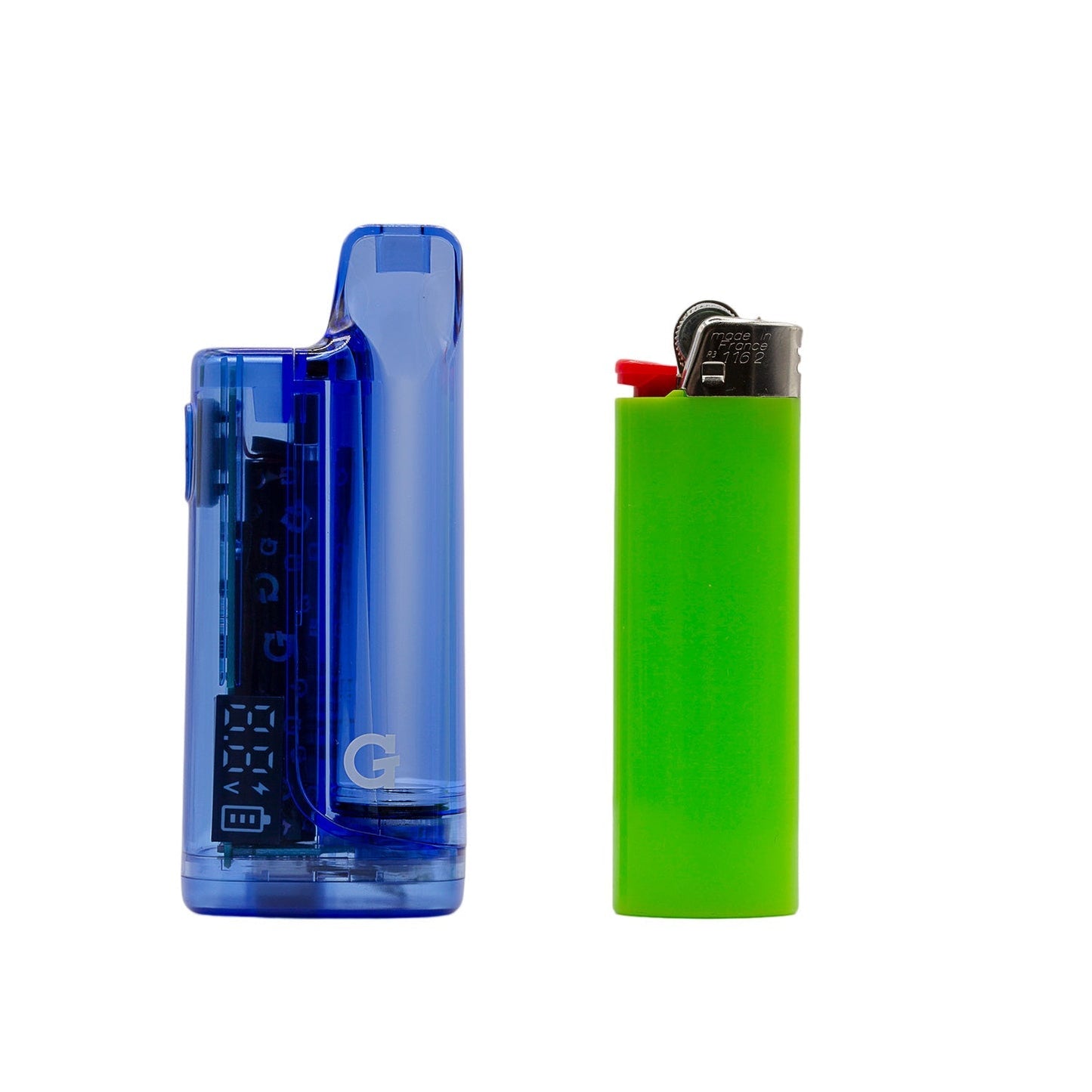 Size comparison of the G Pen Hydout Blue Translucent 510 battery standing next to a standard green lighter.