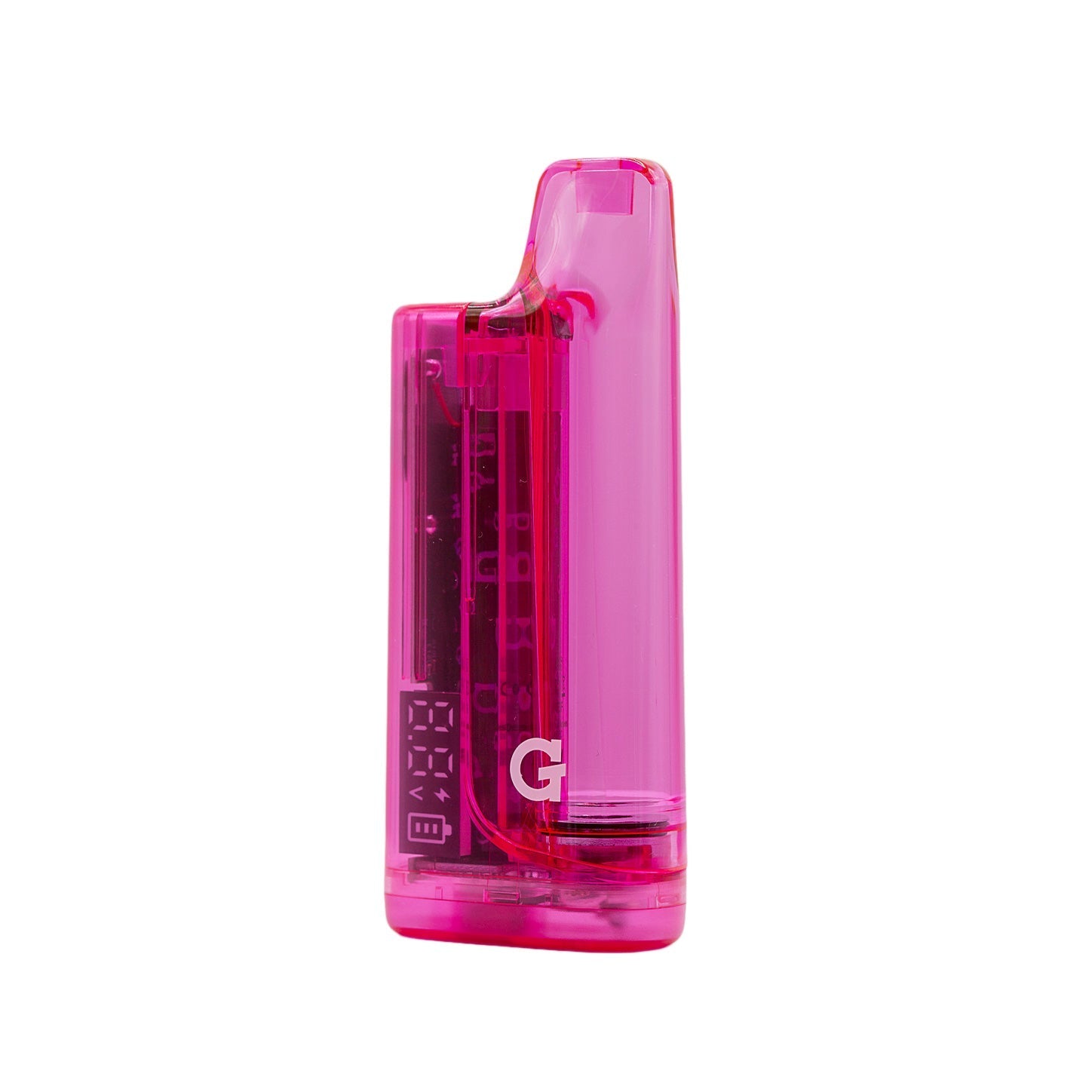 Angled front view of the G Pen Hydout Pink Translucent 510 battery emphasizing the integrated mouthpiece and "G" logo