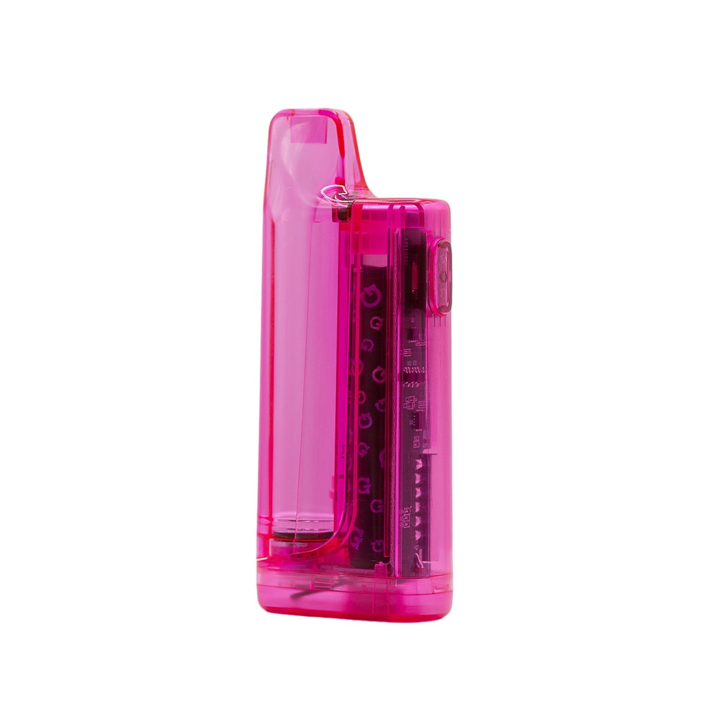 Angled front view of the G Pen Hydout Pink Translucent 510 battery emphasizing the integrated mouthpiece and button-activated design.