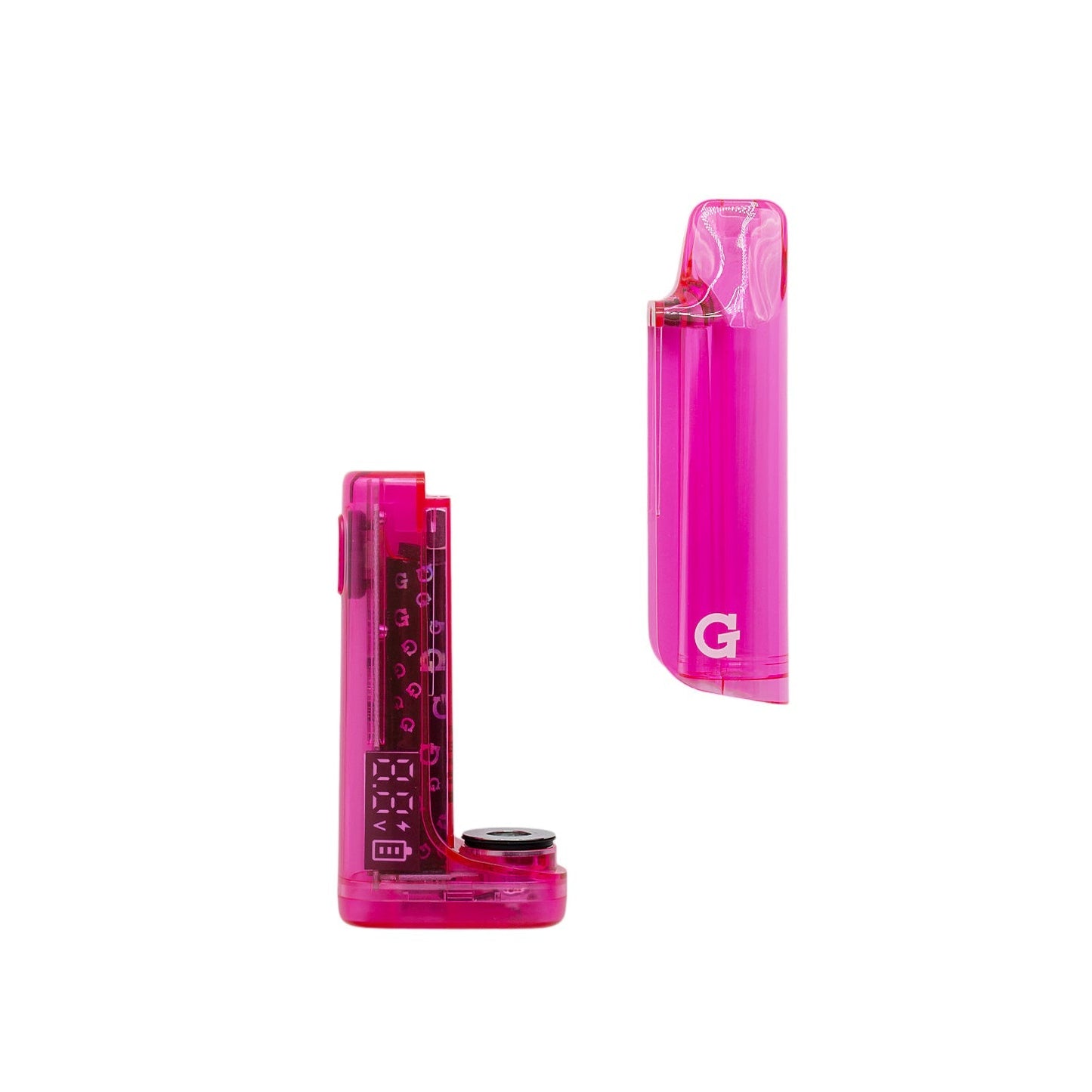 G Pen Hydout 510 battery in Pink Translucent with the protective magnetic cover removed to reveal the cartridge port.