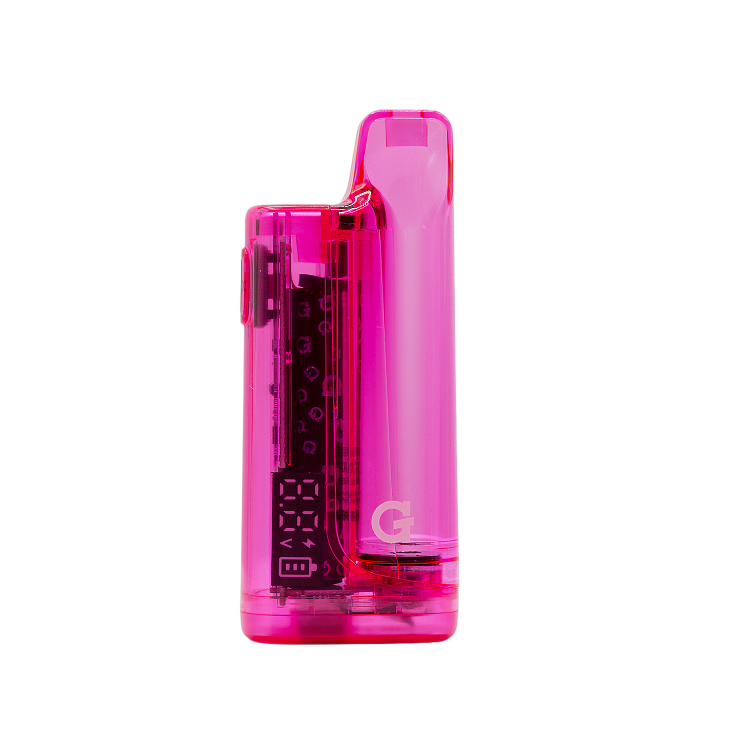 Front view of the G Pen Hydout Pink Translucent 510 battery showcasing the "G" logo and digital display 