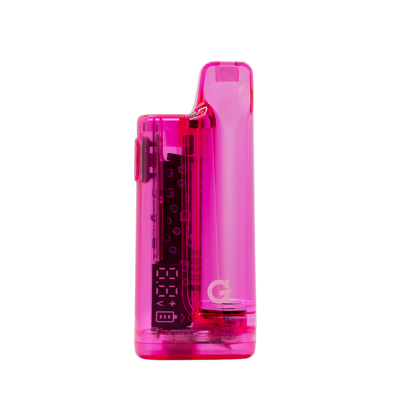 Front view of the G Pen Hydout Pink Translucent 510 battery showcasing the "G" logo and digital display 