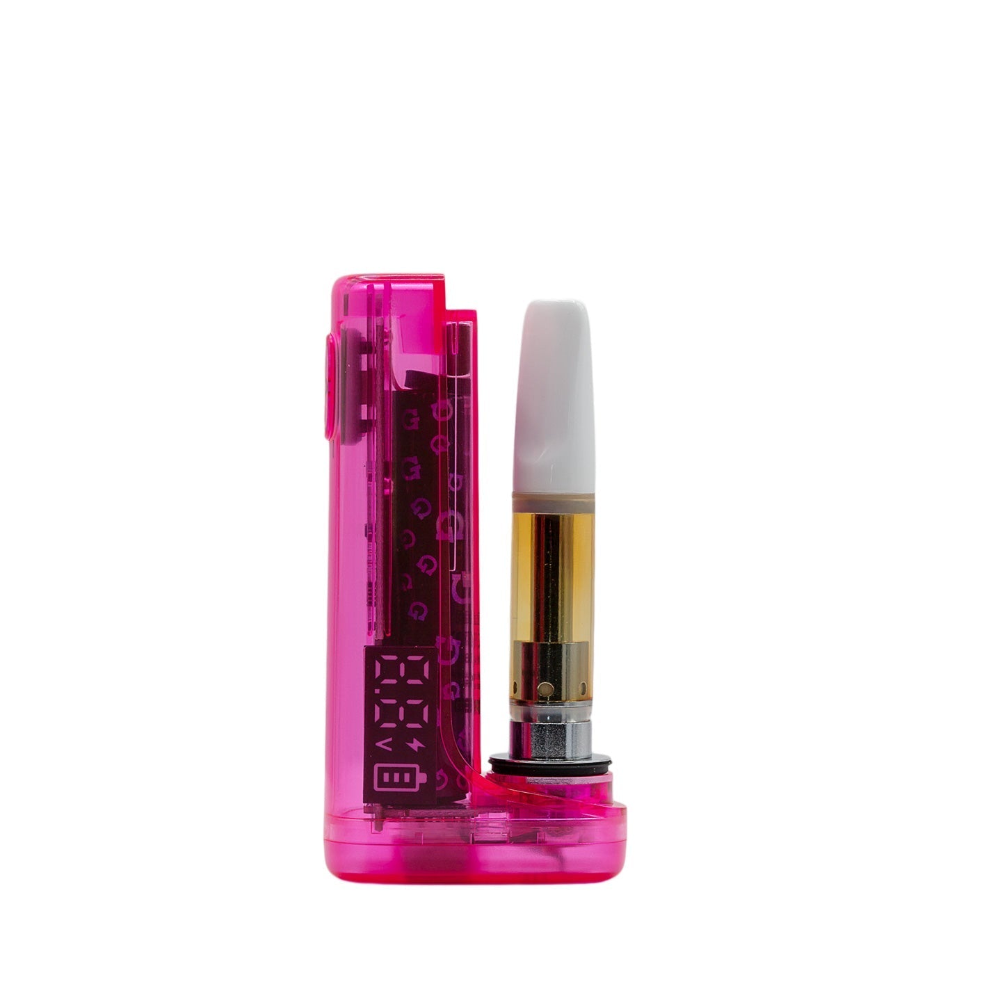 G Pen Hydout Pink Translucent 510 battery with a cartridge installed and the magnetic cover set aside.