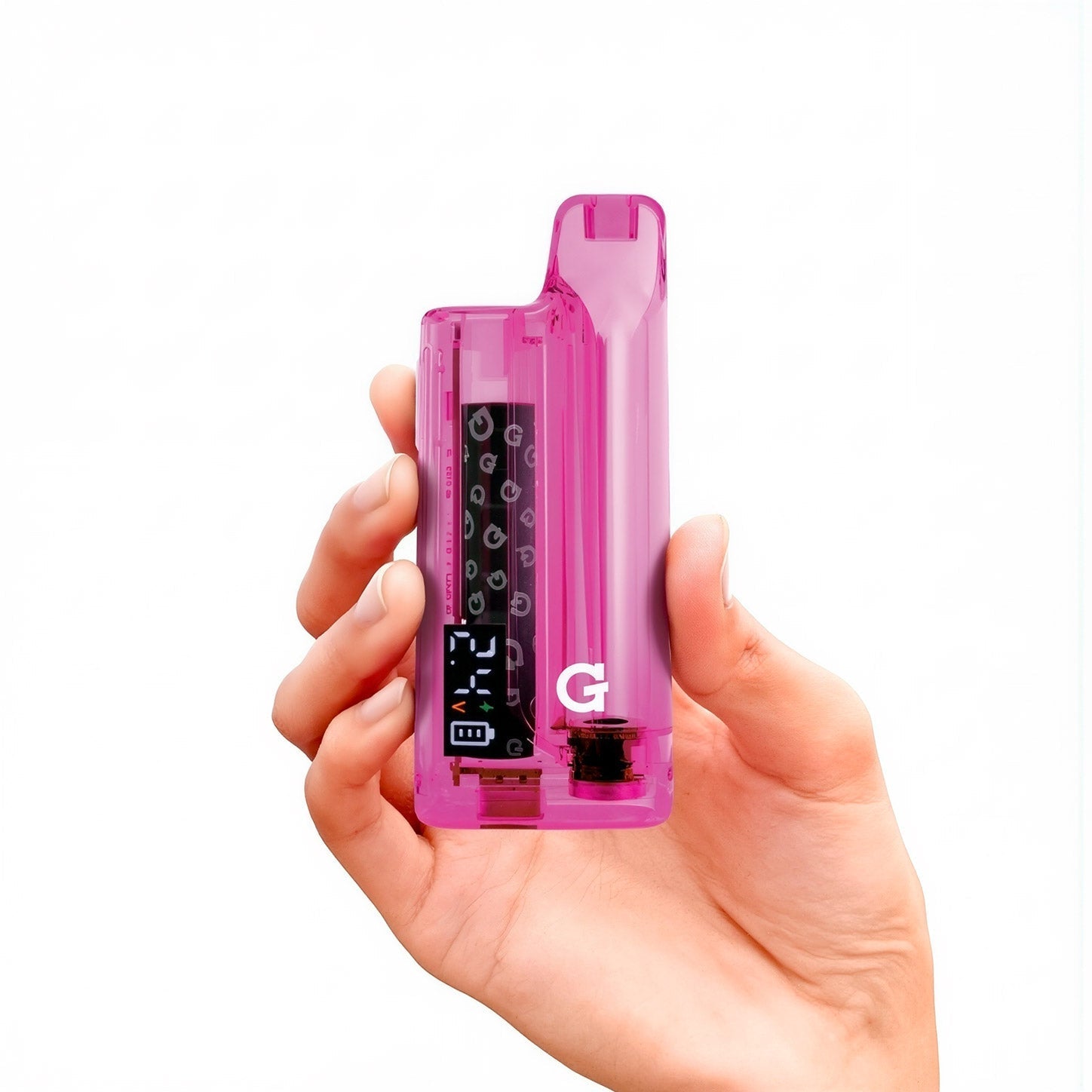 Handheld scale shot of the G Pen Hydout Pink Translucent 510 battery demonstrating its compact, palm-sized portability.