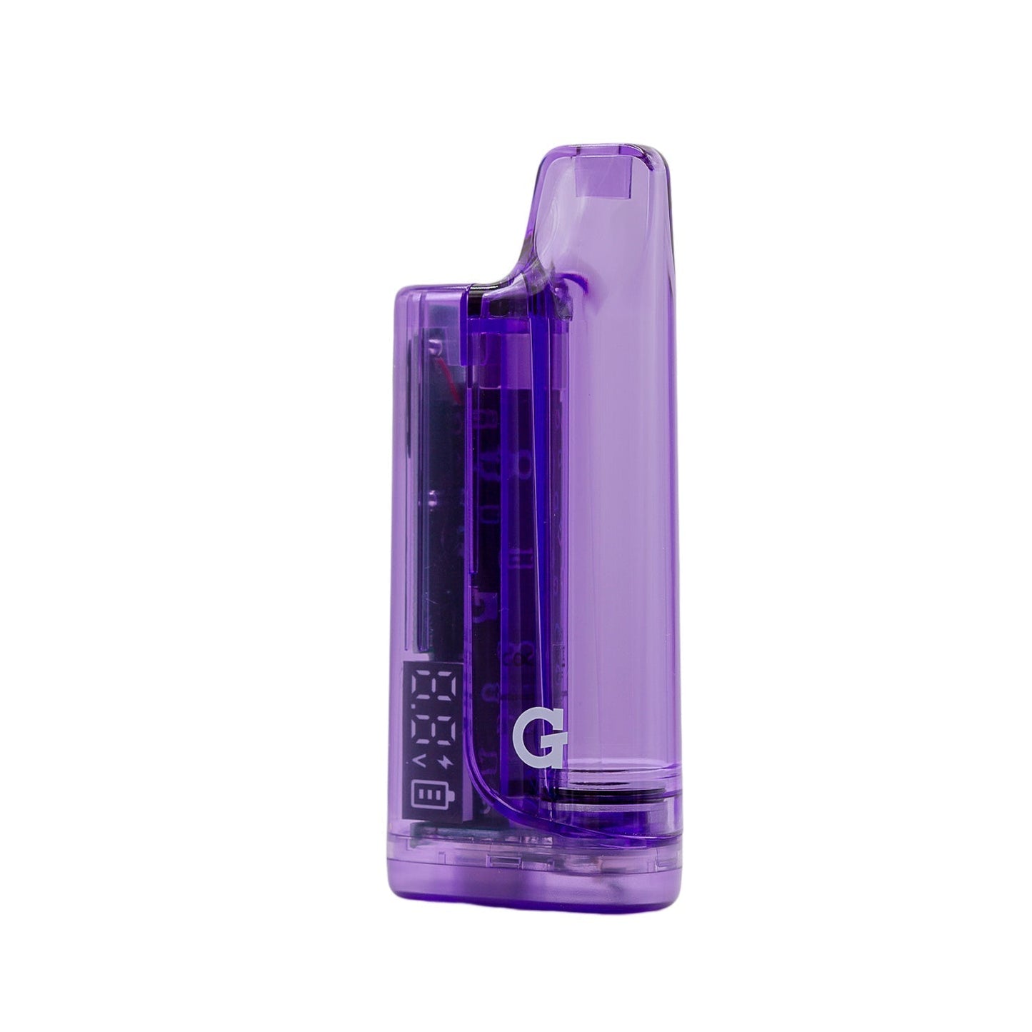 Front view of the G Pen Hydout Purple Translucent 510 battery showing the "G" logo and high-clarity transparent shell.