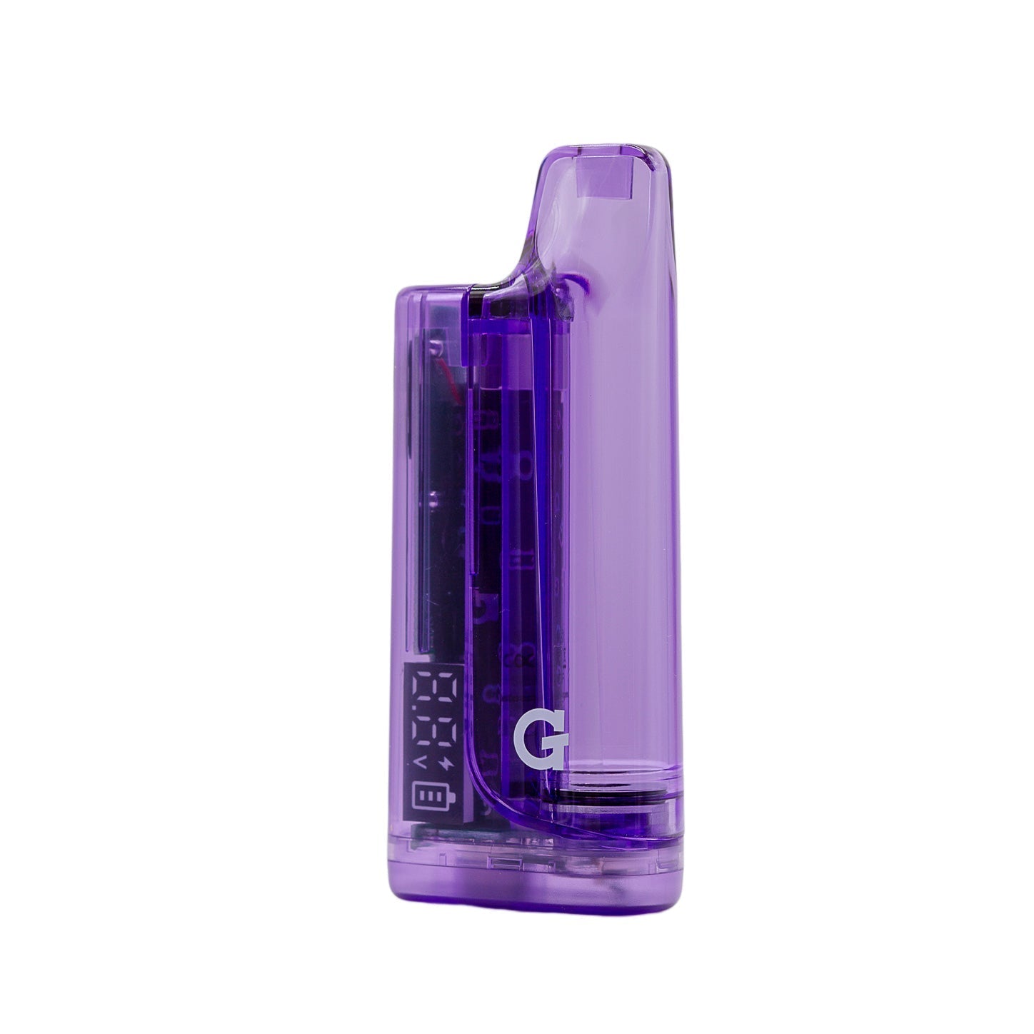 Front view of the G Pen Hydout Purple Translucent 510 battery showing the "G" logo and high-clarity transparent shell.