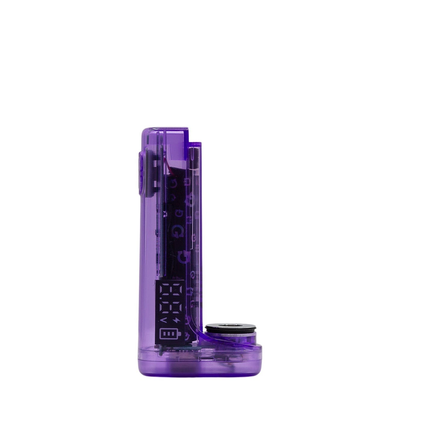 Profile view of the G Pen Hydout Purple Translucent base illustrating the 510-thread connection and internal components.