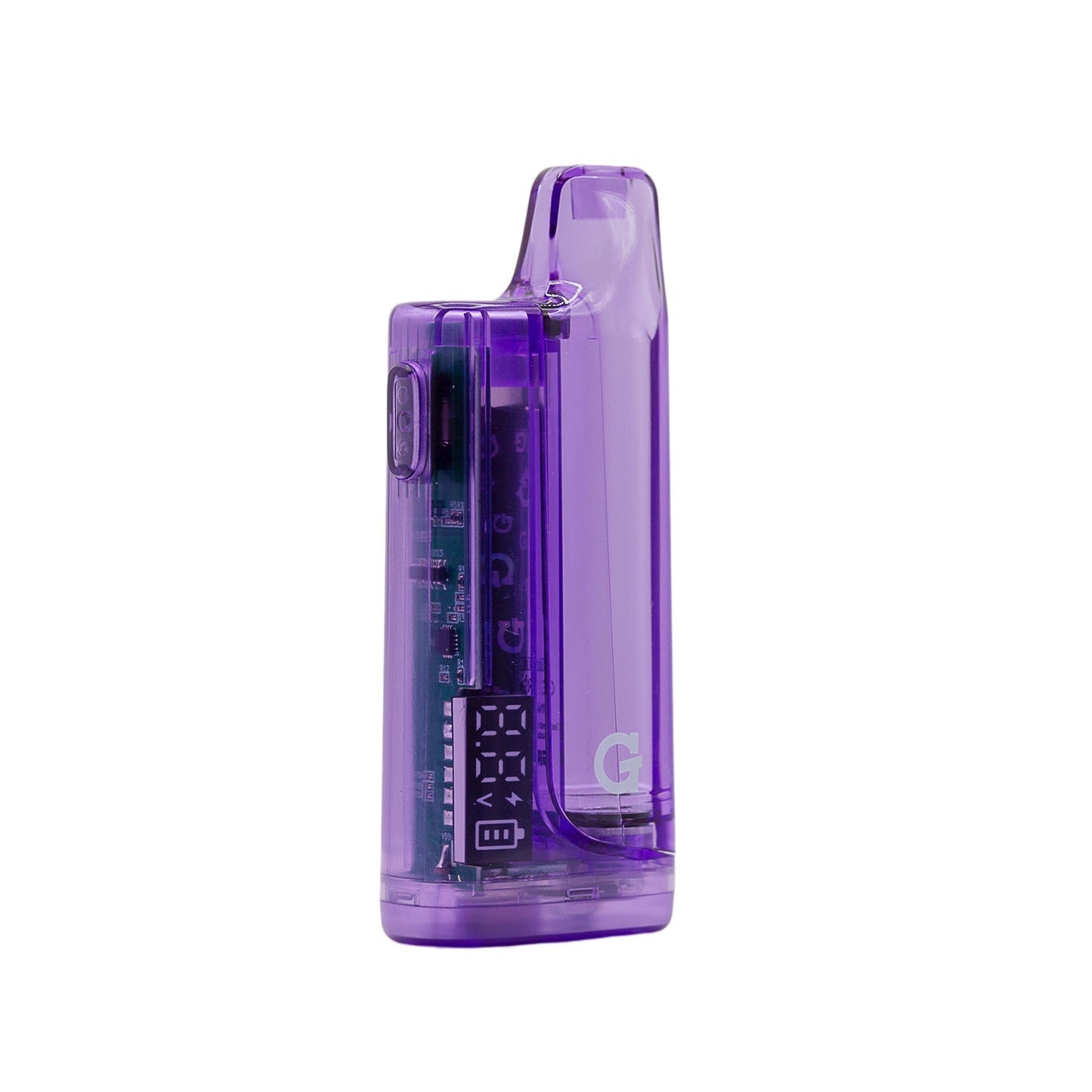 Front angle of the G Pen Hydout Purple Translucent 510 battery highlighting the sleek, button-activated design.