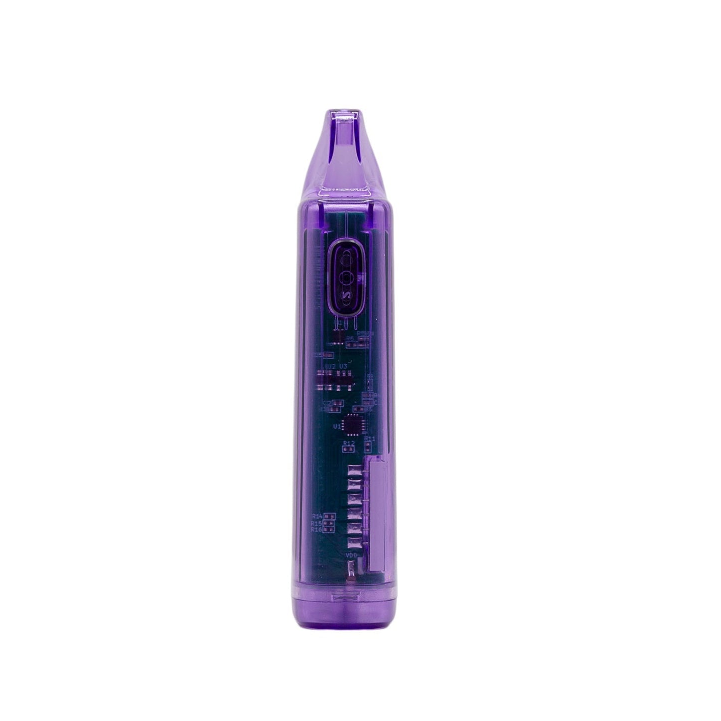 Vertical front-facing profile of the G Pen Hydout Purple Translucent showing the internal lithium-ion battery circuitry and power button