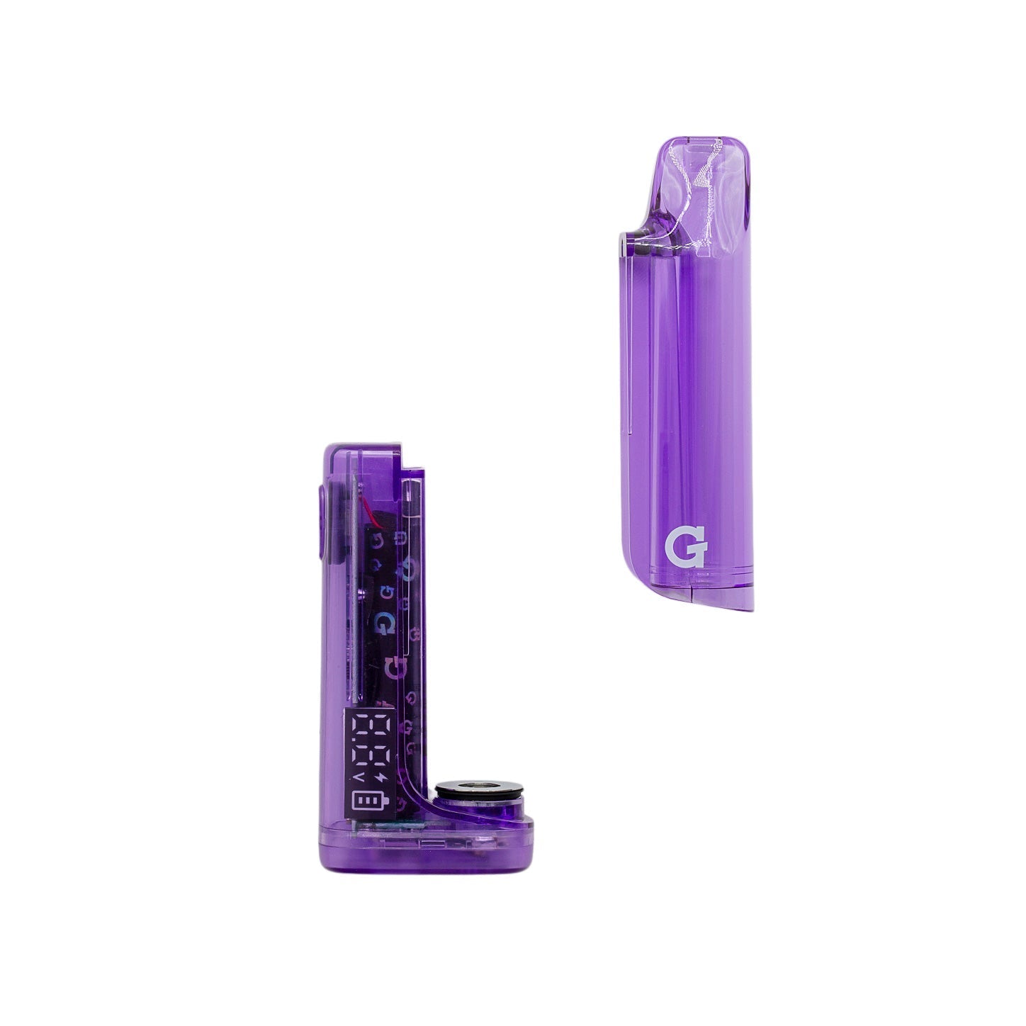G Pen Hydout 510 battery in Purple Translucent with the magnetic protective cover detached to reveal the cartridge port.