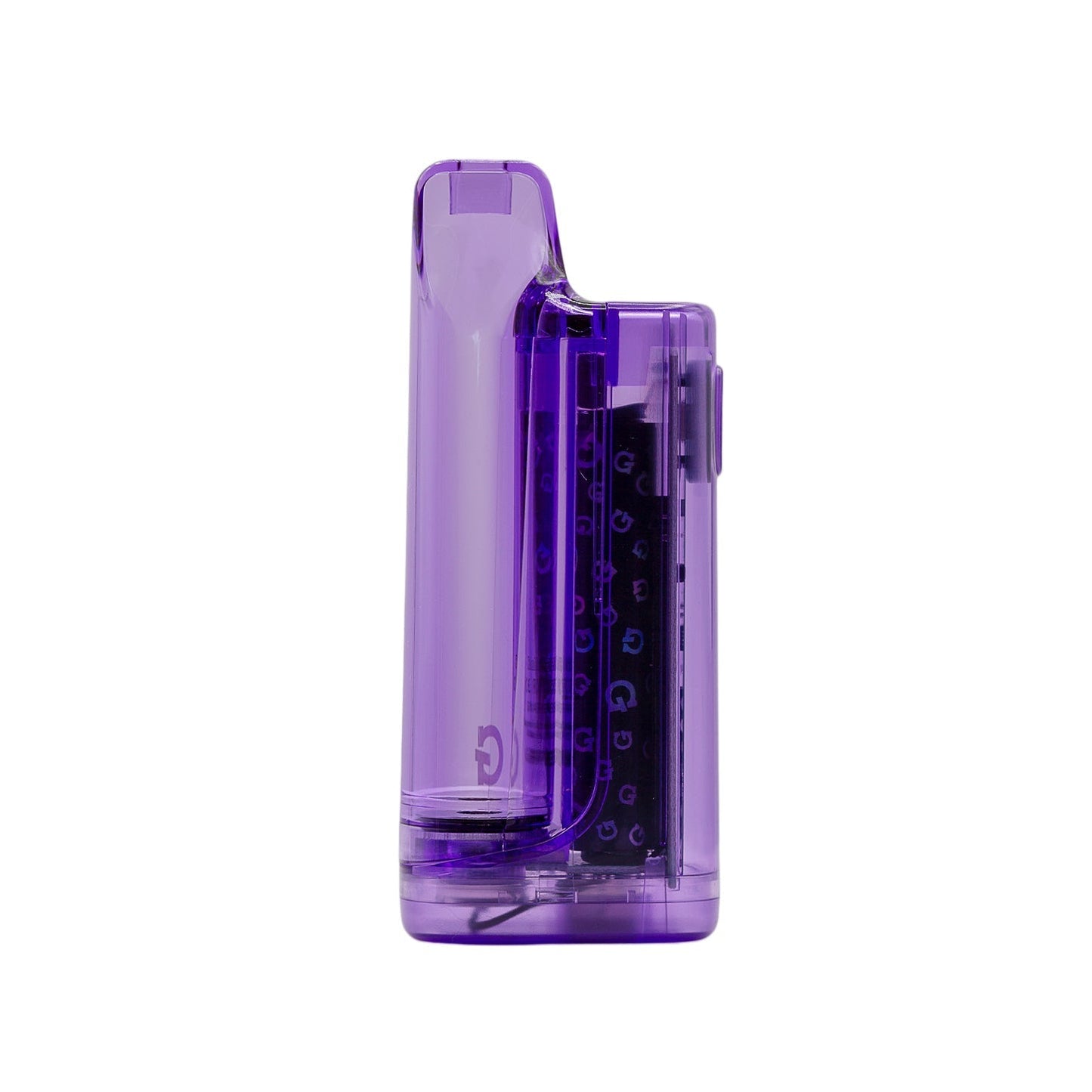 Side profile of the G Pen Hydout Purple Translucent 510 battery demonstrating its slim, pocket-friendly width.