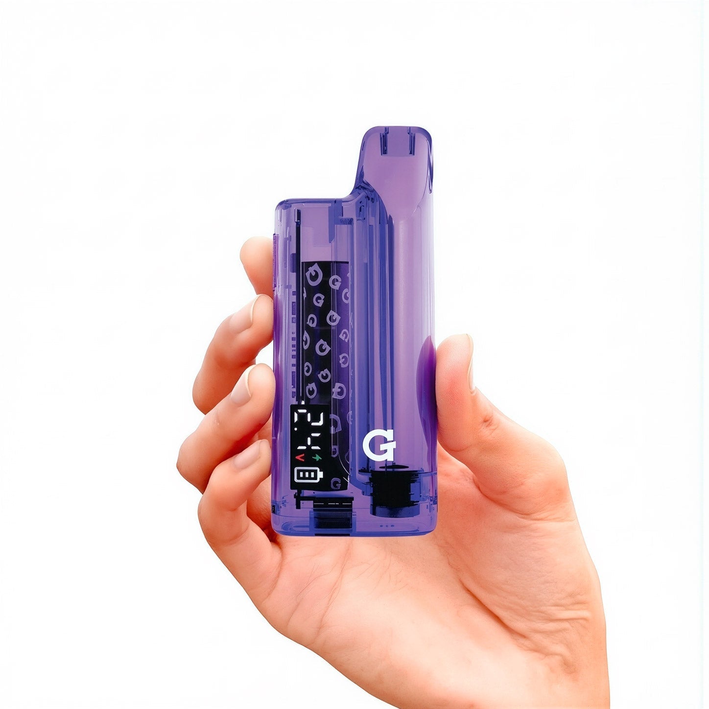 Handheld scale shot of the G Pen Hydout Purple Translucent 510 battery demonstrating its compact, portable size.