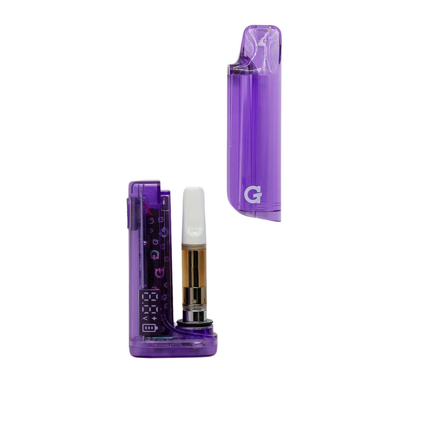 G Pen Hydout Purple Translucent disassembled showing the internal 510-thread cartridge chamber and open magnetic cap.
