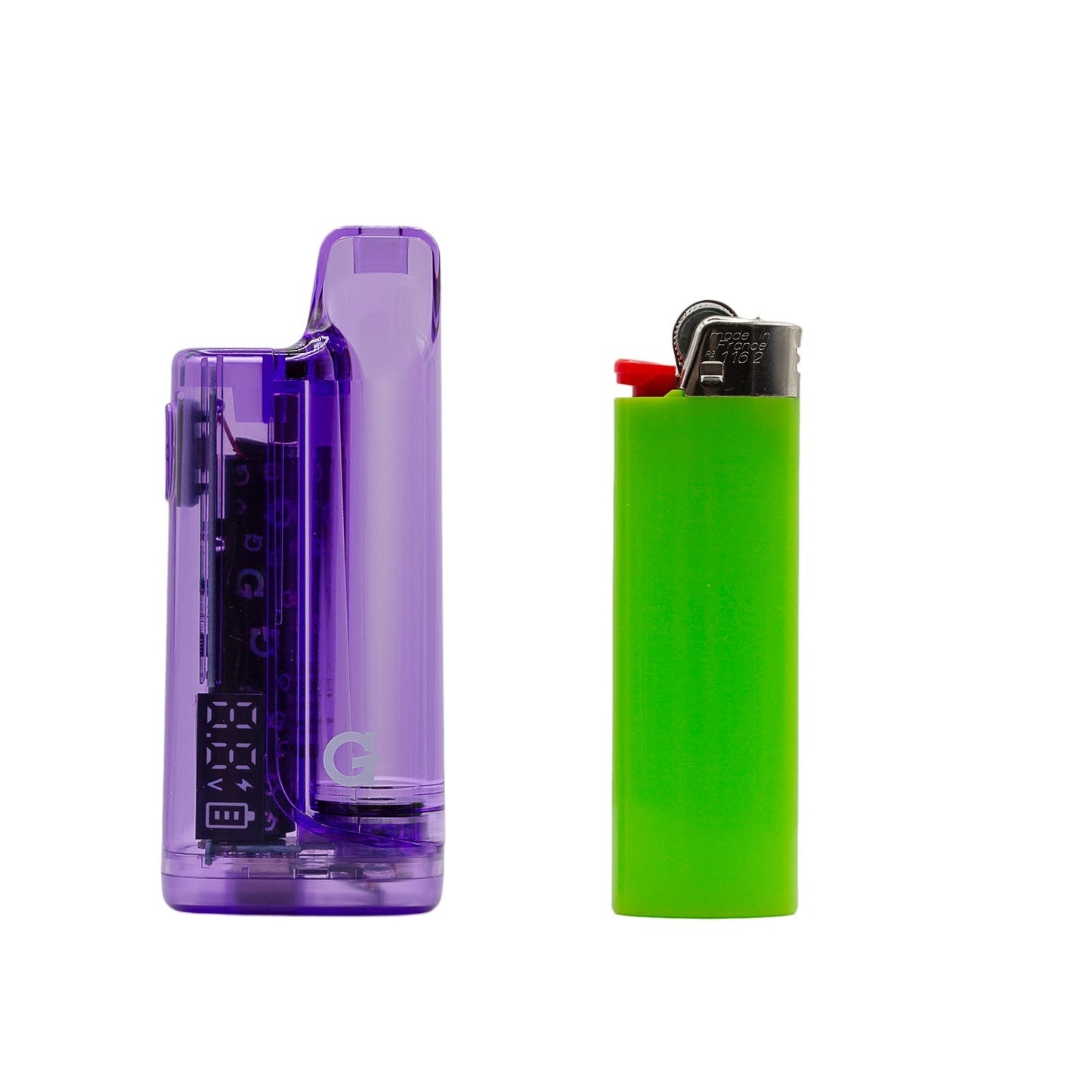 Size comparison of the Purple Translucent G Pen Hydout 510 battery standing next to a standard green lighter.