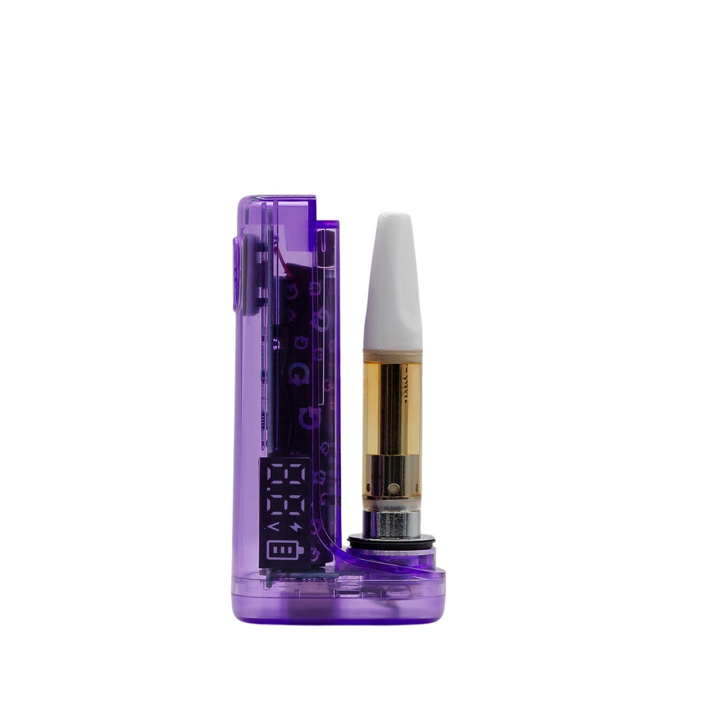 G Pen Hydout Purple Translucent 510 battery with a cartridge installed and the magnetic cover removed.