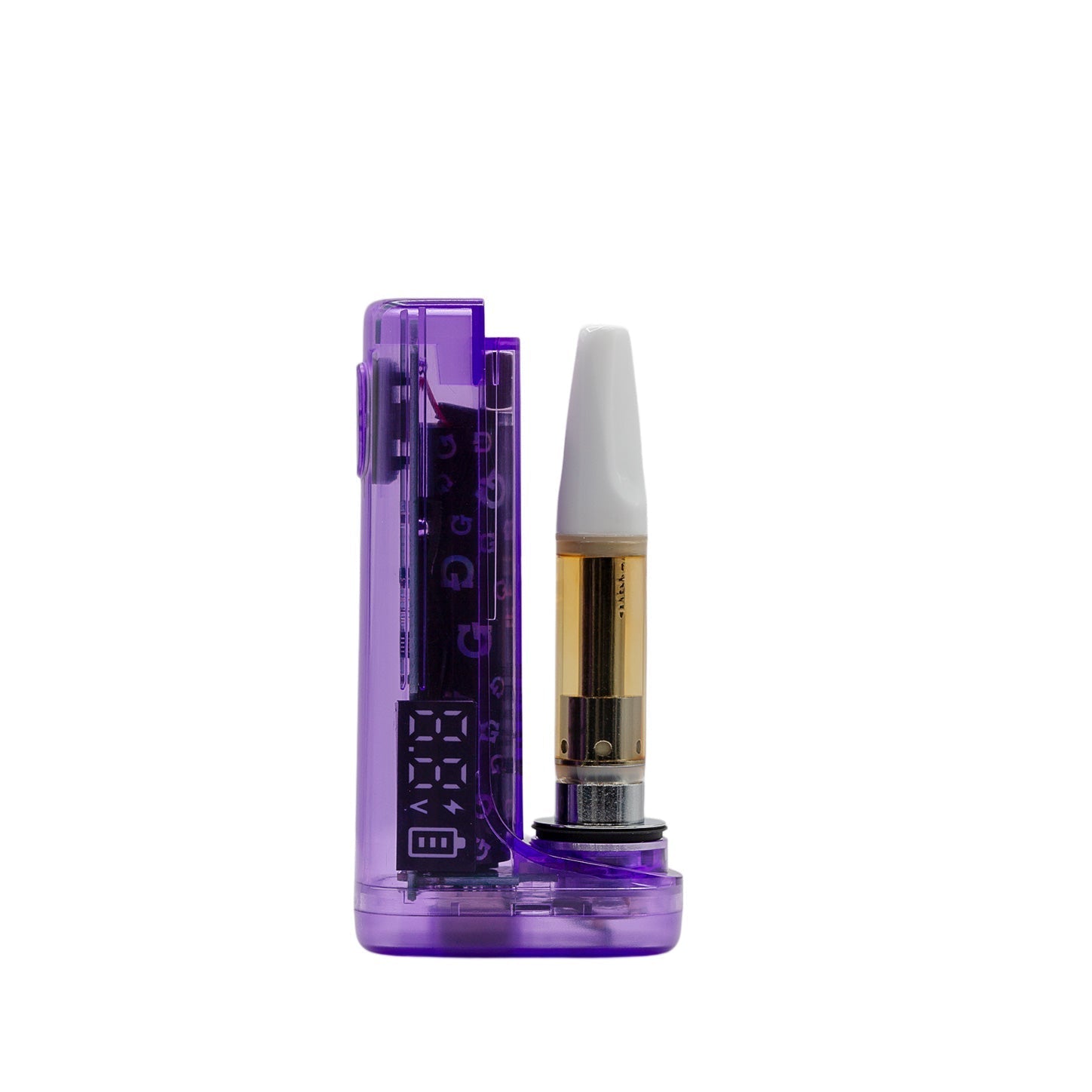 G Pen Hydout Purple Translucent 510 battery with a cartridge installed and the magnetic cover removed.