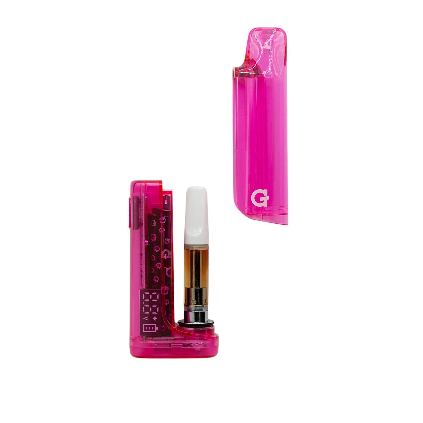 G Pen Hydout Pink Translucent disassembled showing the internal 510-thread cartridge chamber and open magnetic cap.