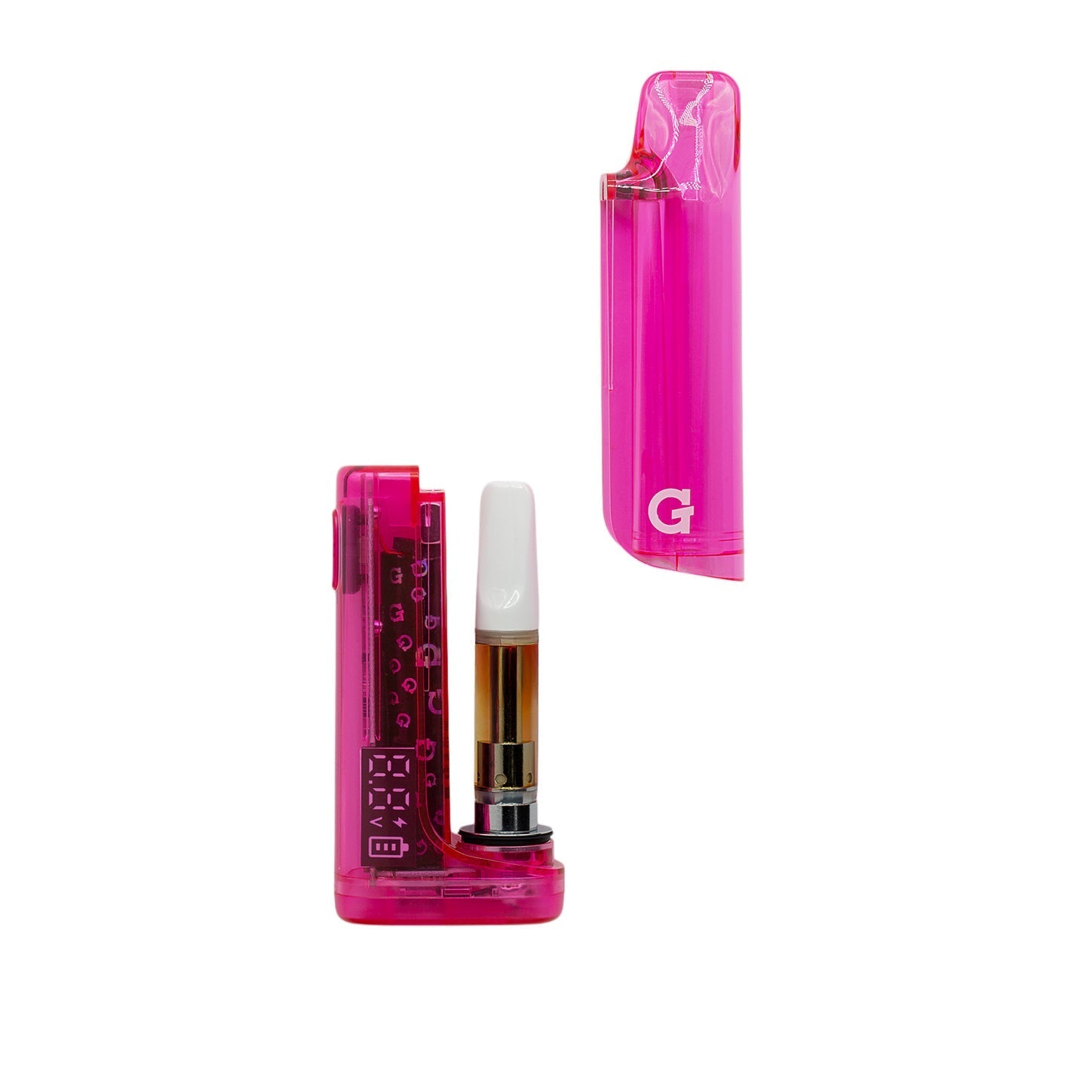 G Pen Hydout Pink Translucent disassembled showing the internal 510-thread cartridge chamber and open magnetic cap.