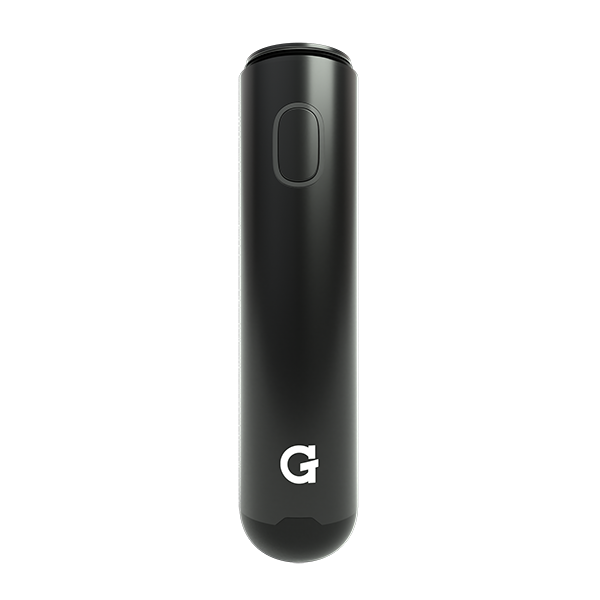 A front-facing studio shot of the G Pen Micro+ Battery in Black. The image highlights the minimalist, ergonomic design, showcasing the single tactile control button and the signature white "G" logo at the base, emphasizing its status as a premium, smart-chip-powered 510-thread battery.
