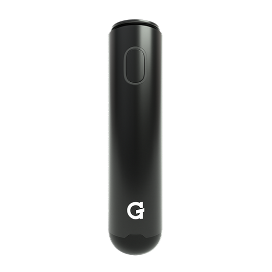 A front-facing studio shot of the G Pen Micro+ Battery in Black. The image highlights the minimalist, ergonomic design, showcasing the single tactile control button and the signature white "G" logo at the base, emphasizing its status as a premium, smart-chip-powered 510-thread battery.