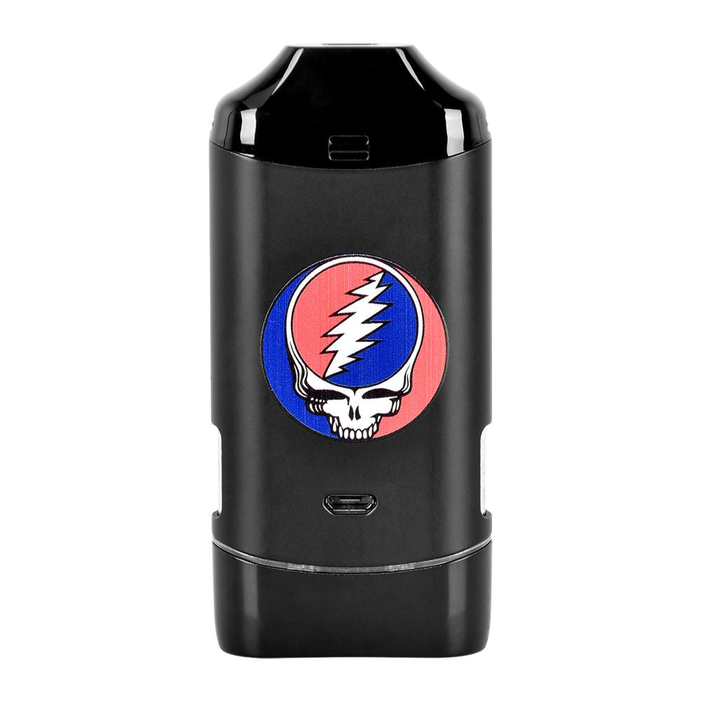 A clean studio product shot of the back profile of the Grateful Dead x Pulsar DuploCart vape battery. The sleek, wide black chassis proudly displays a large, vibrant print of the iconic red, white, and blue Grateful Dead "Steal Your Face" skull emblem centered perfectly between two clear vertical oil viewing windows.