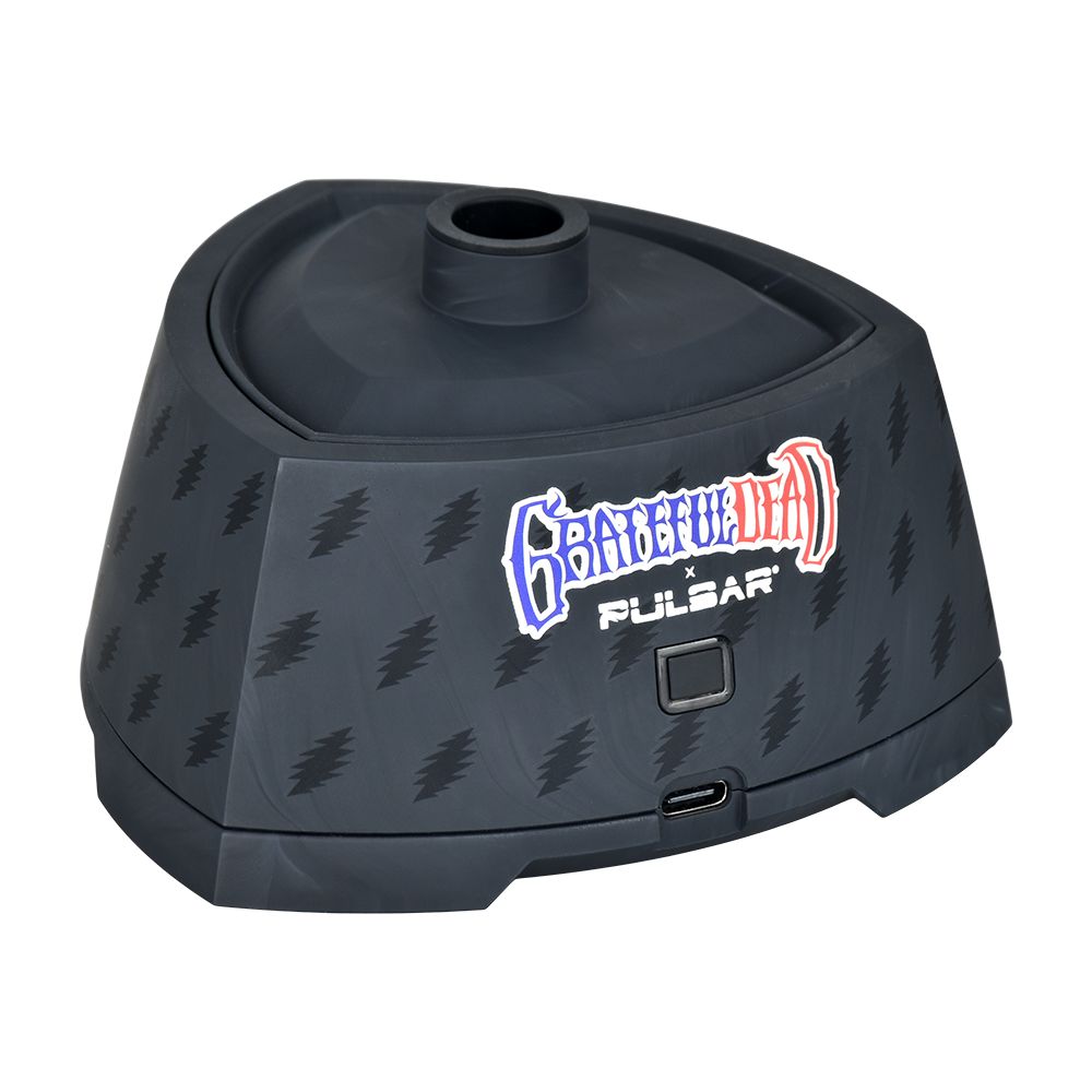 A front-angle studio shot of the Grateful Dead x Pulsar Sipper battery base standing alone without its borosilicate glass cup. This profile emphasizes the smooth, tapered ergonomic shape of the power unit, the heavy-duty upper connection deck where atomizers and cartridges screw in, and the uniform look of the custom textured exterior.