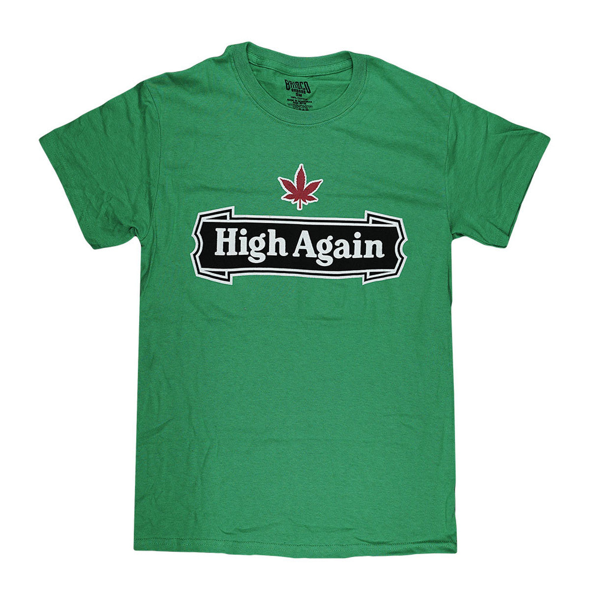 Green Brisco Brands High Again T-shirt featuring a black logo banner and a red cannabis leaf icon.