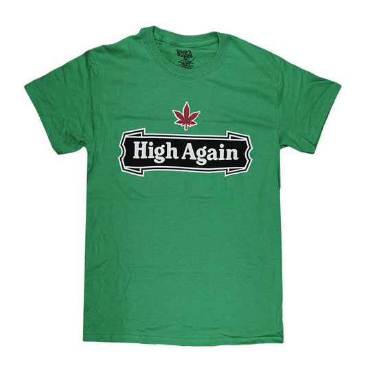 Green Brisco Brands High Again T-shirt featuring a black logo banner and a red cannabis leaf icon.