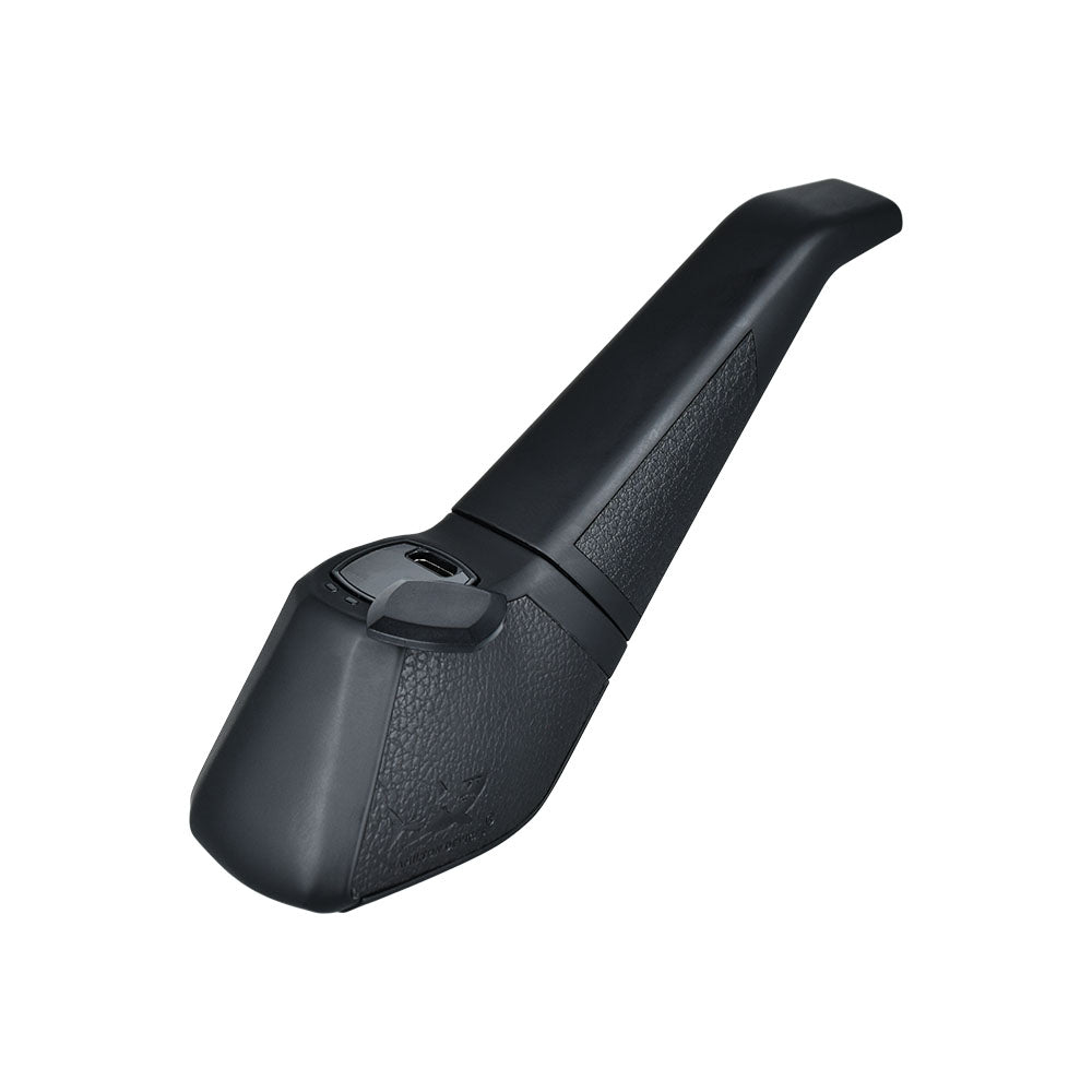 A crisp profile studio shot of the Hamilton Devices PB1 Pipe Vape Battery. The device is beautifully shaped like a classic tobacco pipe, featuring a dark brown, wood-grain textured bowl section paired with a sleek, elongated black plastic stem mouthpiece that elegantly curves outward.