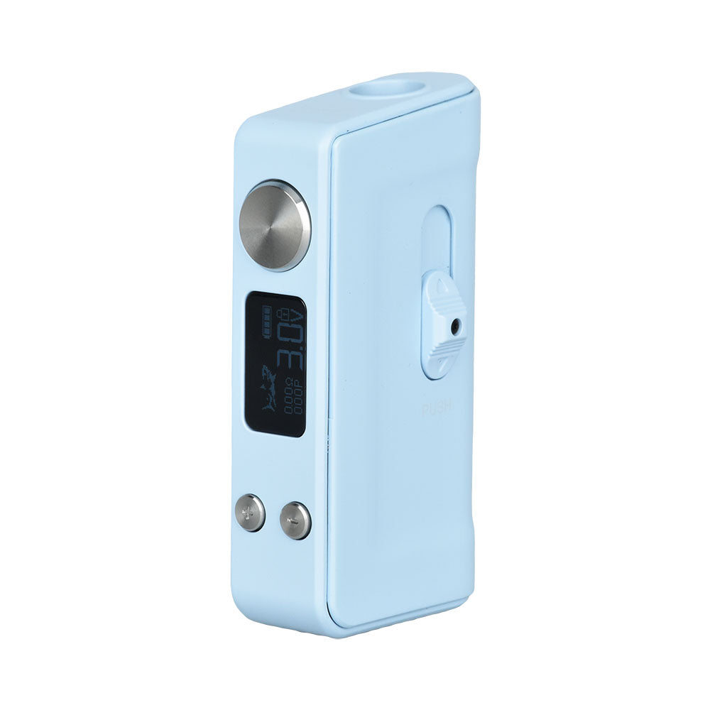 A front-facing studio shot of The Shiv by Hamilton Devices in Matte Blue. The unit features a sleek, deep royal blue exterior with a soft-touch matte coating, showcasing the centralized main button and the digital OLED screen interface.
