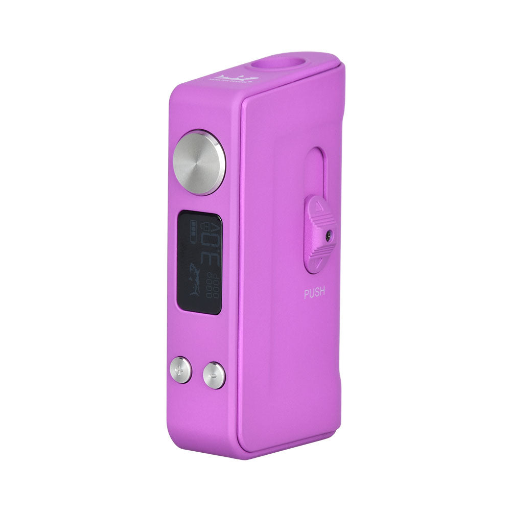 A front-facing studio shot of The Shiv by Hamilton Devices in Matte Purple. The device displays a rich, deep plum purple color with a smooth matte finish. The prominent thumb-slider mechanism is visible on the side, highlighting the retractable layout.