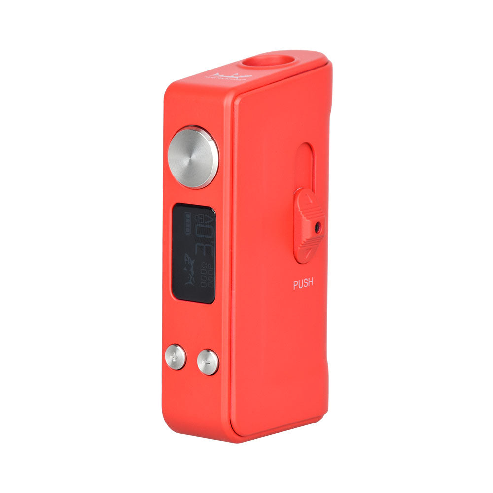 A front-facing studio shot of The Shiv by Hamilton Devices in Matte Red. The device is finished in a bold, vibrant crimson red soft-touch matte coating, showcasing its clean, button-operated front profile and distinct mechanical thumb slider on the left side.