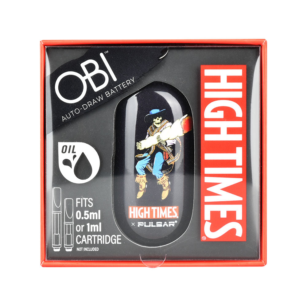 A clean front-facing shot of the High Times x Pulsar Obi Cowboy edition inside its official retail box. The packaging features a clear plastic display window showcasing the skeletal cowboy artwork on the device, surrounded by official High Times® branding and clear product specifications highlighting the 650mAh capacity and magnetic drop-in features.
