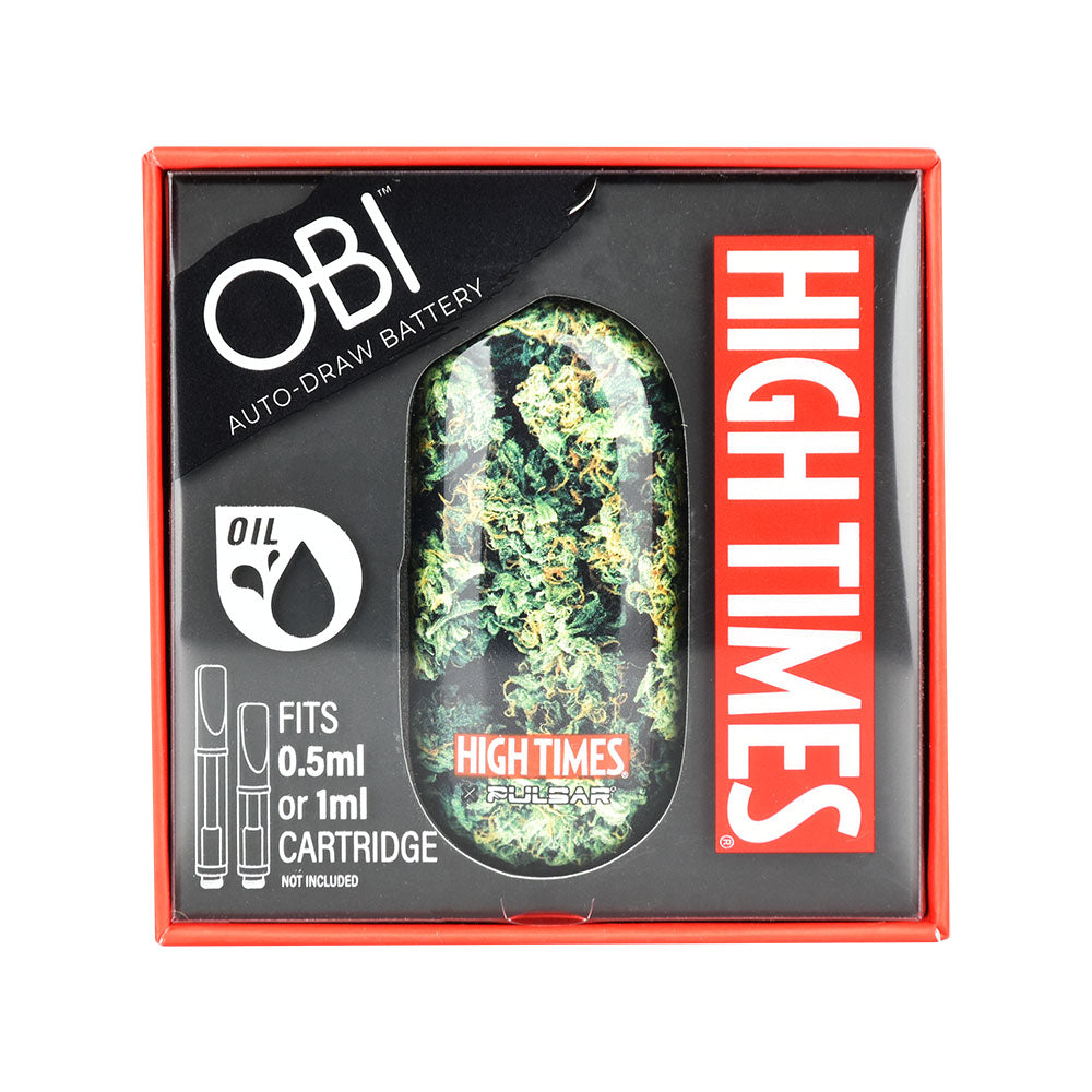 A clean front-facing product shot of the High Times x Pulsar Obi Flower edition inside its official retail box. The packaging features a clear display window highlighting the leaf-patterned device design, surrounded by official High Times® branding and clear text badges identifying the 650mAh capacity and auto-draw functionality.