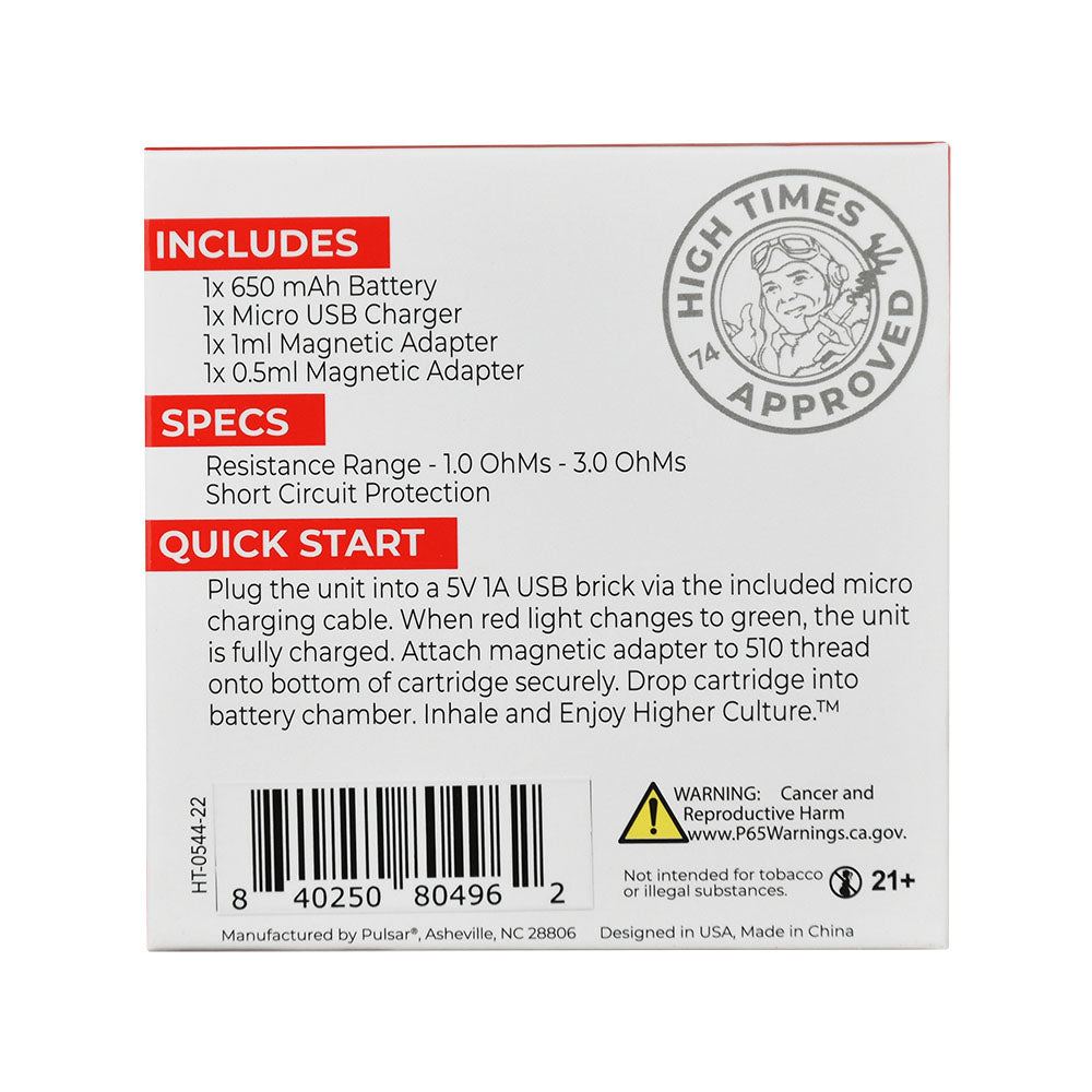A crisp, direct studio shot of the back panel of the official High Times x Pulsar Obi retail packaging. The box layout clearly details comprehensive product safety warnings, compliance data, a scannable barcode, and an explicit list of technical highlights including its 650mAh capacity, magnetic cartridge drop-in structure, and the 6-Month End-User Warranty.
