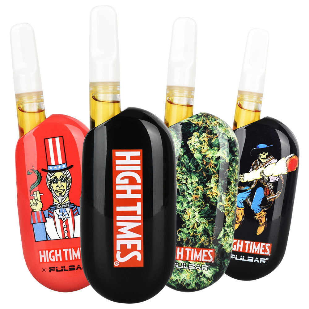 A crisp, front-facing studio group shot showcasing the High Times x Pulsar Obi color lineup standing side-by-side with 510 oil cartridges installed. From left to right are the officially licensed graphic styles: High Times Uncle Sam, High Times Logo, High Times Flower, and High Times Cowboy, highlighting the sleek, buttonless rectangular form factor.