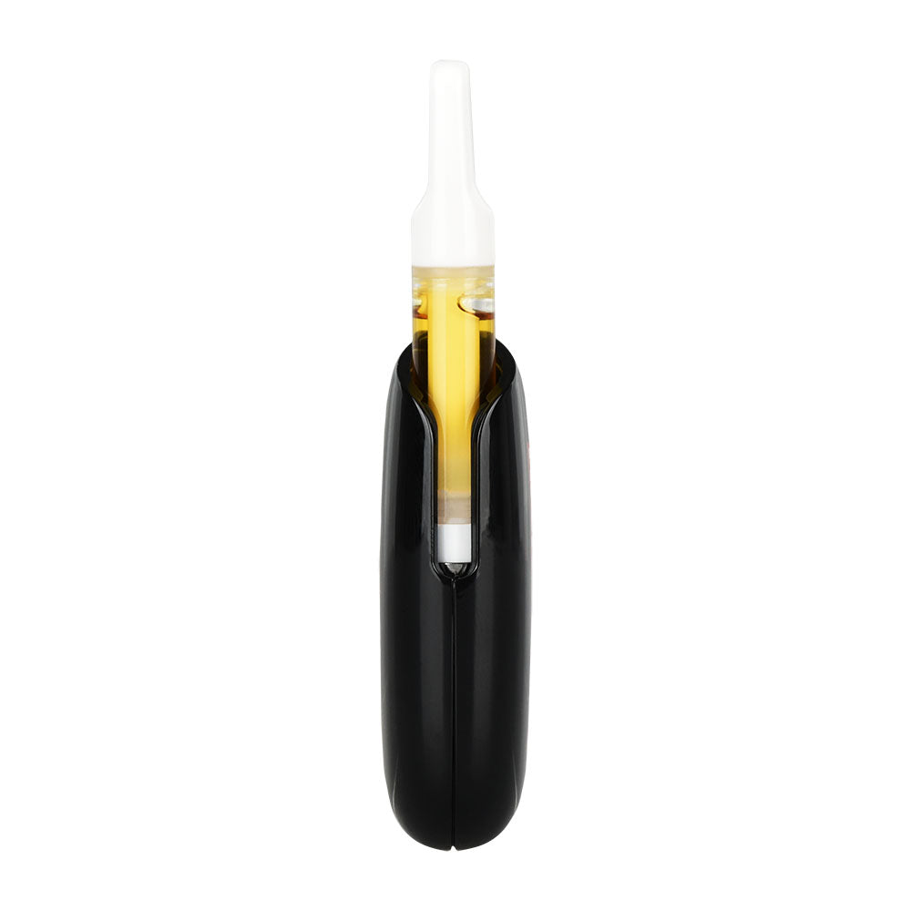 A clean side studio shot of the High Times x Pulsar Obi pocket battery showing its ultra-slim profile. The device is shown with a clear glass 510 oil cartridge fully dropped into the hidden internal bay, highlighting how flush and compact the hardware sits while leaving only the cartridge mouthpiece exposed at the top.
