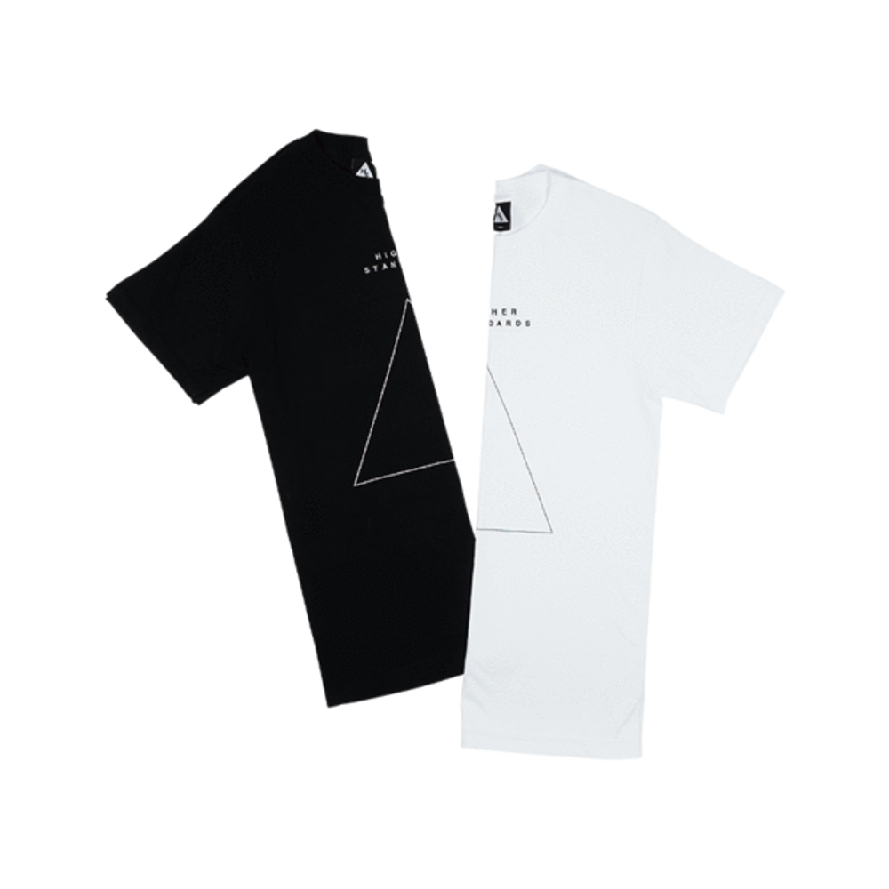 Higher Standards black or white T-shirt featuring a minimalist embroidered white or black triangle outline and embroidered 'HIGHER STANDARDS' text.