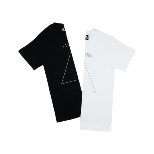 Higher Standards black or white T-shirt featuring a minimalist embroidered white or black triangle outline and embroidered 'HIGHER STANDARDS' text.