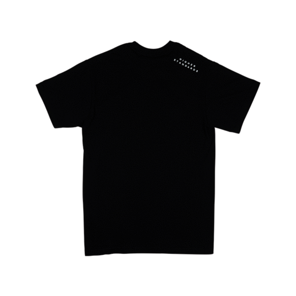 Back view of black Higher Standards T-shirt with concentric triangle design.