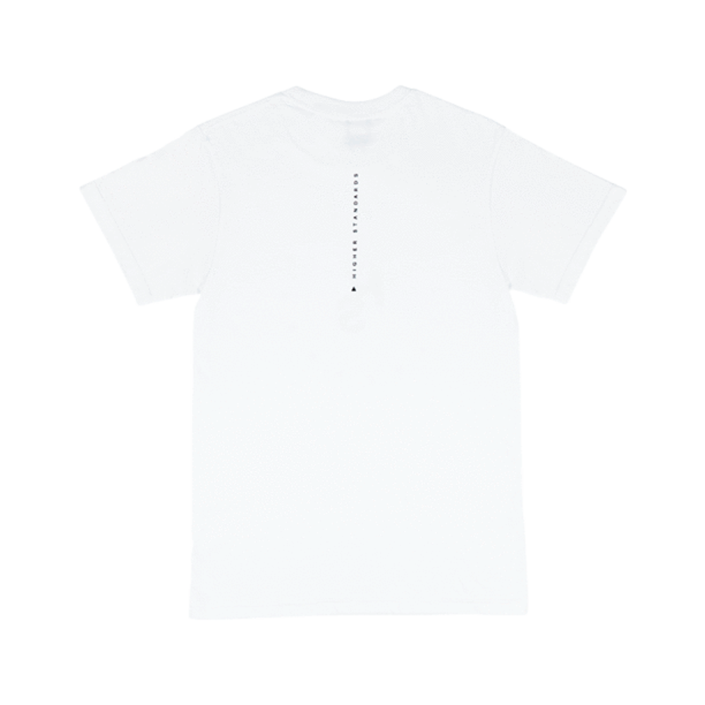 The back of the white Higher Standards Circle Logo T-shirt, showing a clean, vertical graphic down the center spine with subtle text and a triangle logo.