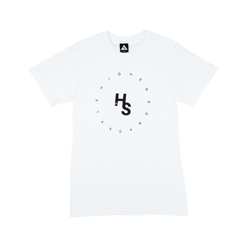 The front of the white Higher Standards Circle Logo T-shirt, featuring the bold 'HS' monogram centered within a circular text logo.