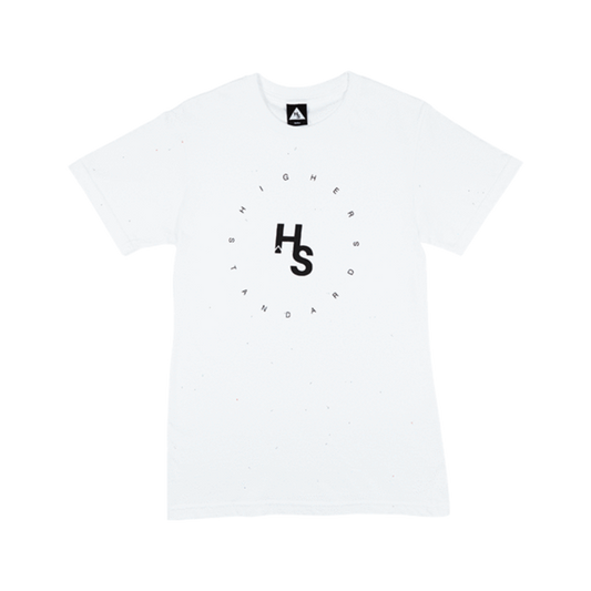 The front of the white Higher Standards Circle Logo T-shirt, featuring the bold 'HS' monogram centered within a circular text logo.