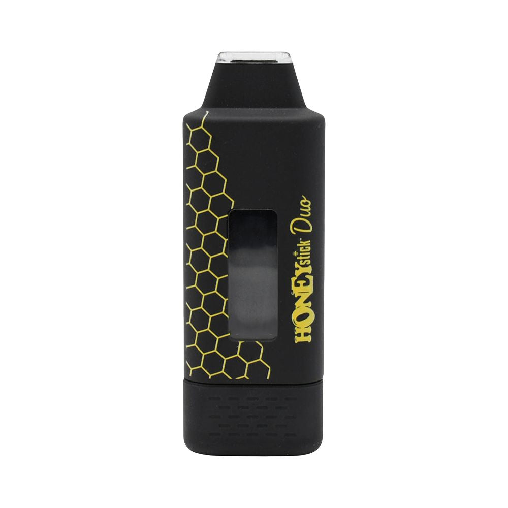 A clean, front-facing studio product shot of the HoneyStick DUO Dual Cartridge 510 Vape Battery. The device is shown fully assembled with its sleek, compact matte black outer cover securely attached, completely concealing the internal cartridge bays for an ultra-clean, low-profile aesthetic.