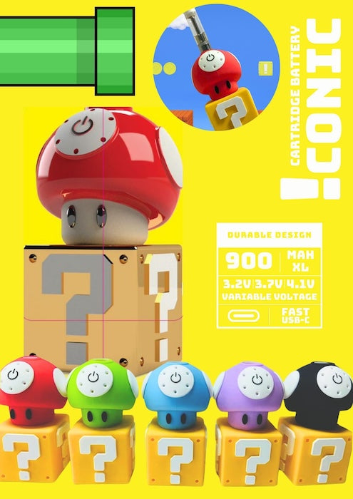 A comprehensive product infographic displaying the full Iconic Mushroom Cartridge Battery color lineup standing side-by-side: Purple, Blue, Red, Green, and Black. The image features clean technical graphic callouts detailing the 900mAh battery life, variable voltage levels 3.2V, 3.7V, 4.1V, preheat mode, and universal 510-thread compatibility for up to 2g cartridges.